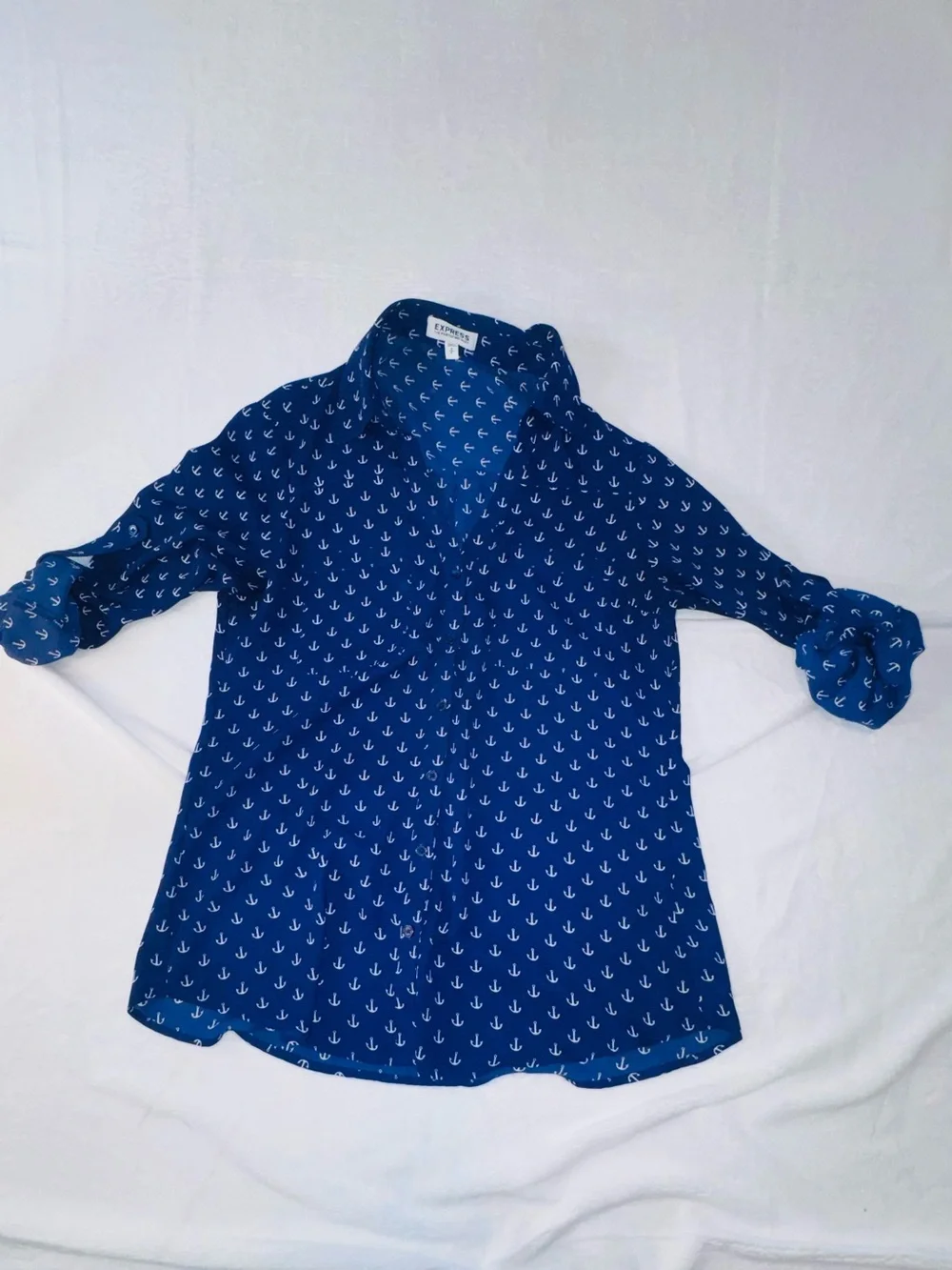 Express Portofino Navy Anchor Print Button Front Blouse Sheer Nautical Small - Picture 3 of 10